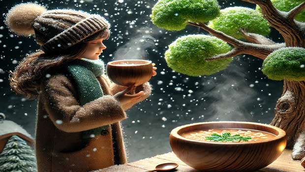 a girl in snow with a cup of tea